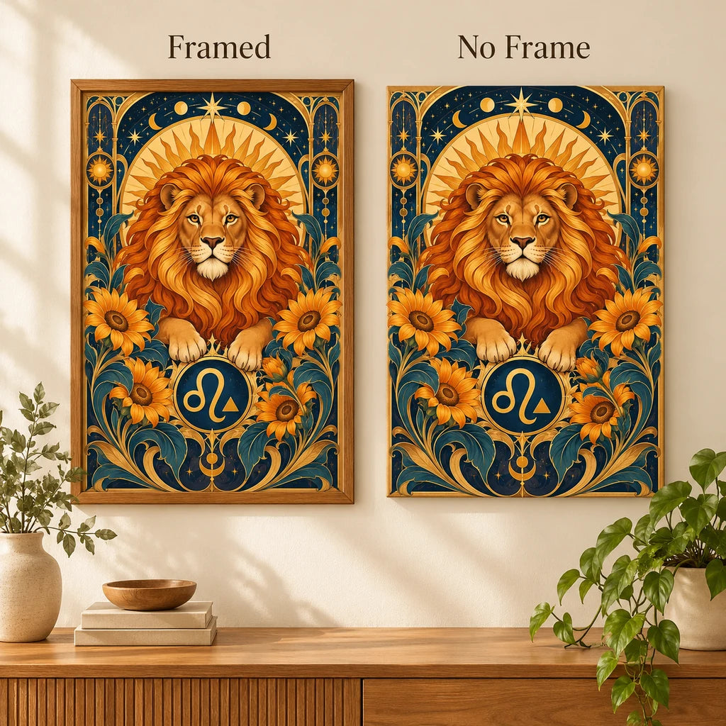 Leo lion diamond painting shown framed and without a frame