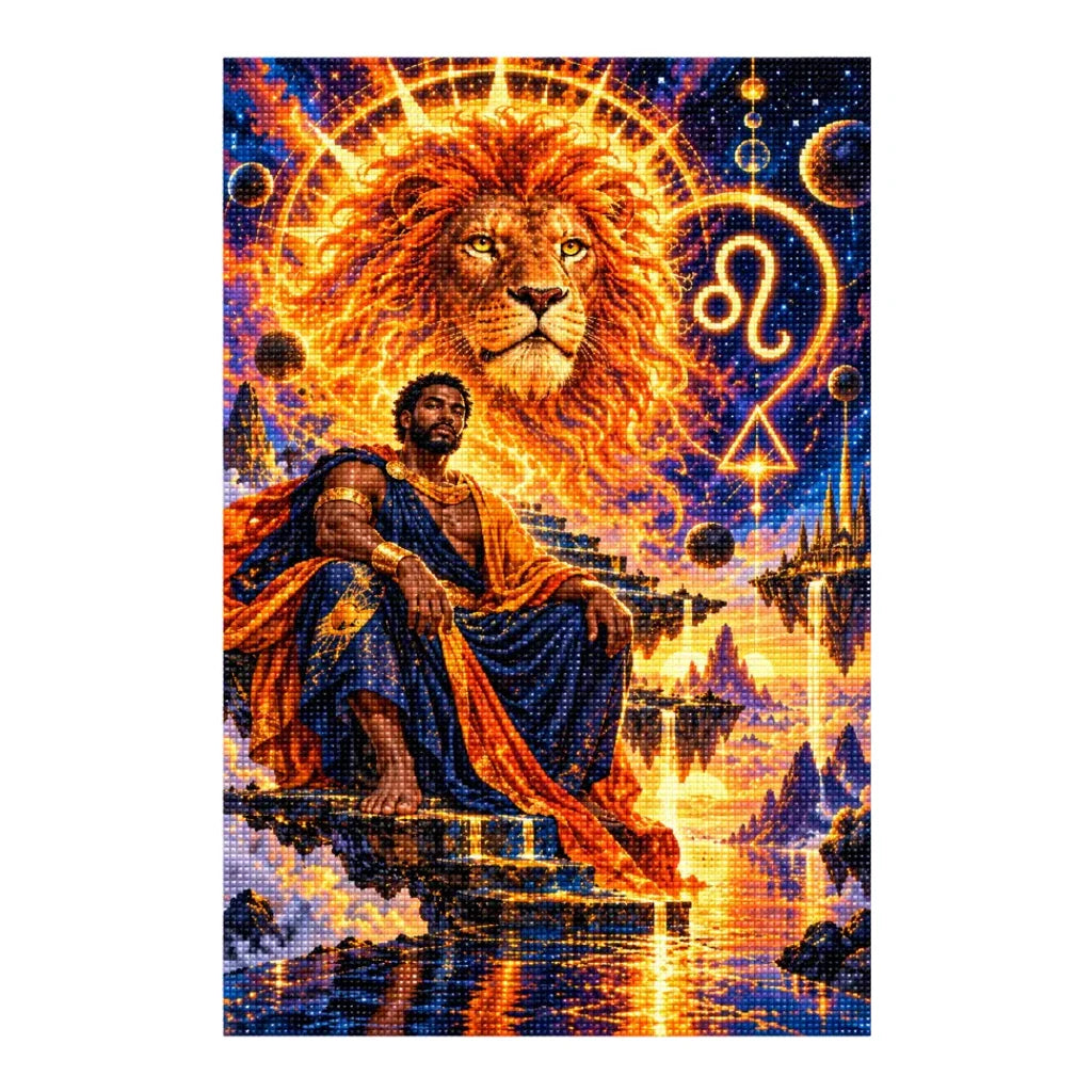 Diamond painting version of the Leo solar lion oracle artwork on a white background.