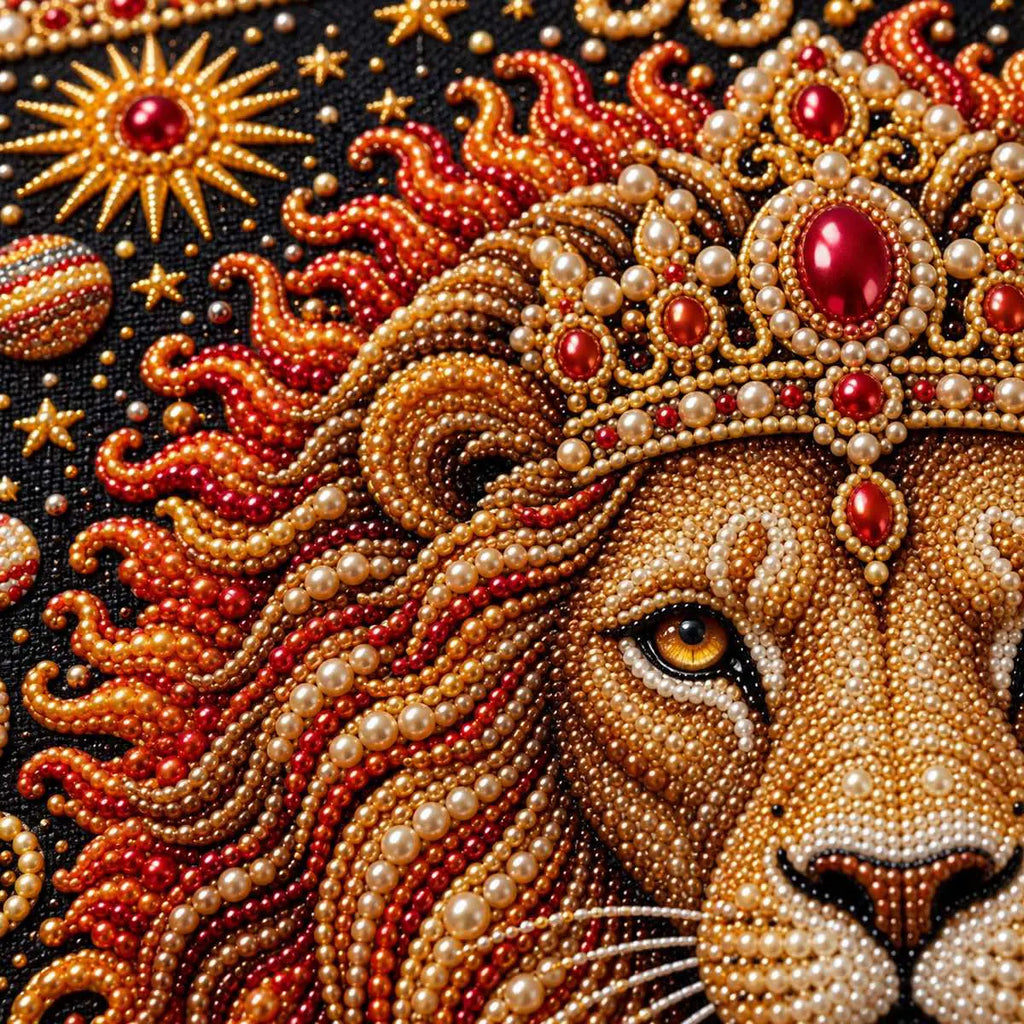 Close-up view of the Leo lion design's glossy pearl beads and canvas texture.