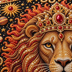 Close-up view of the Leo lion design's glossy pearl beads and canvas texture.