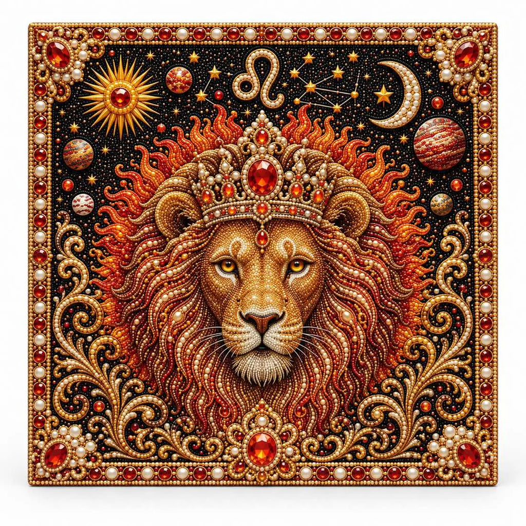 Finished Leo lion pearl artwork centered on a light background.