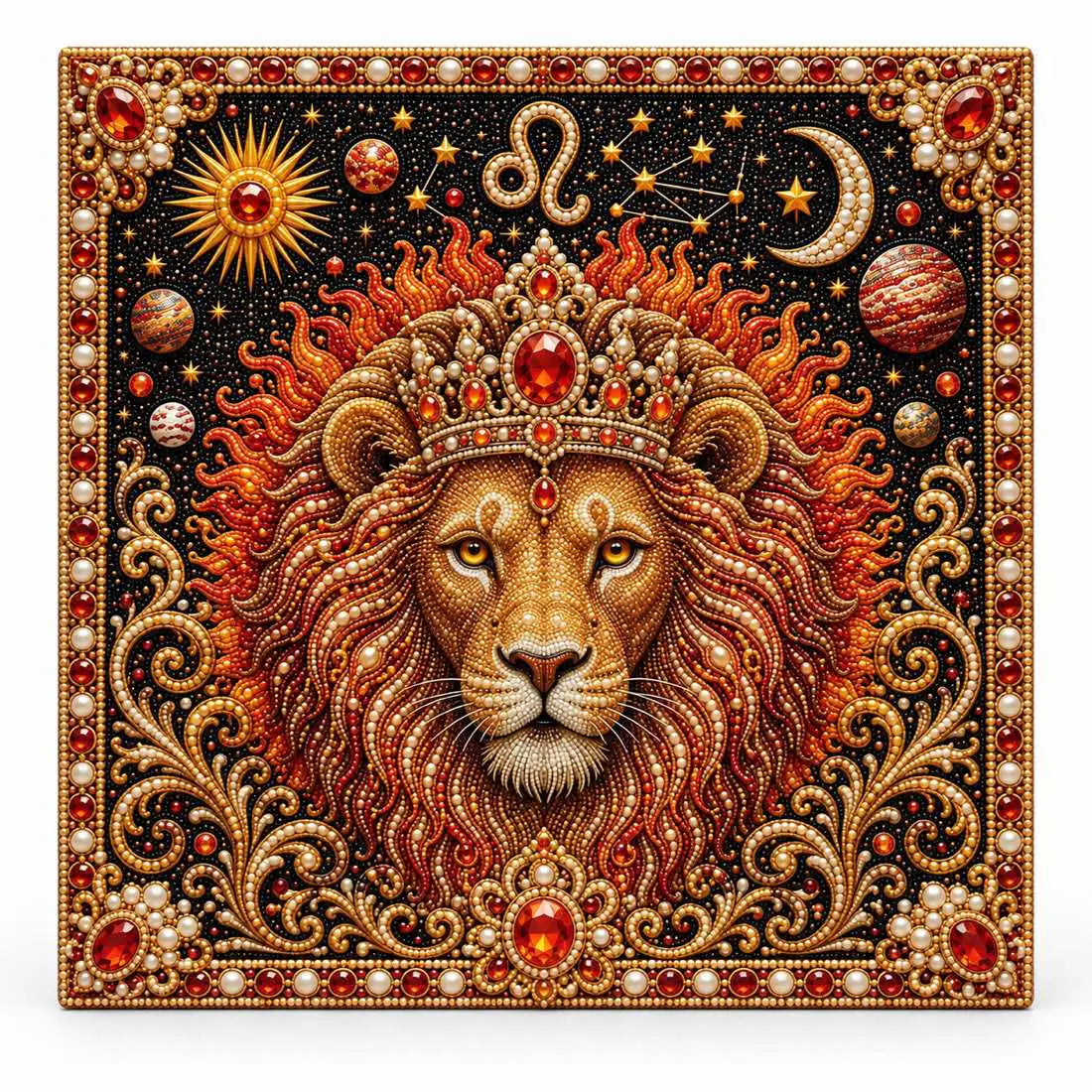 Finished Leo lion pearl artwork centered on a light background.