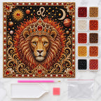Leo lion pearl painting kit contents: printed canvas, color-matched pearls, applicator pen, tray, wax and storage bags.