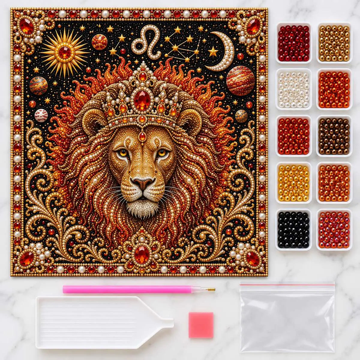 Leo lion pearl painting kit contents: printed canvas, color-matched pearls, applicator pen, tray, wax and storage bags.