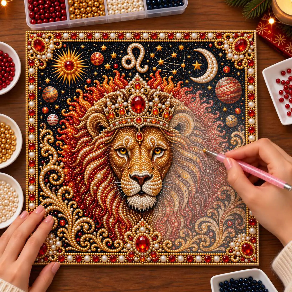 Hands applying pearls to the Leo lion design's actual symbol canvas.