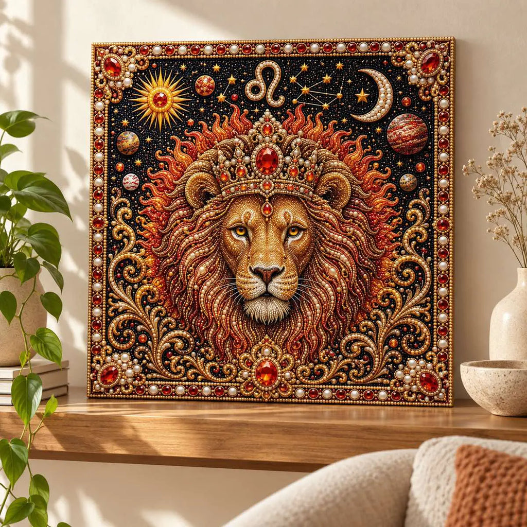 Completed Leo lion pearl artwork displayed in a bright home interior.