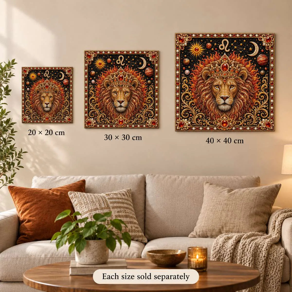 Leo lion pearl artwork in 20 × 20 cm, 30 × 30 cm and 40 × 40 cm sizes; each sold separately.