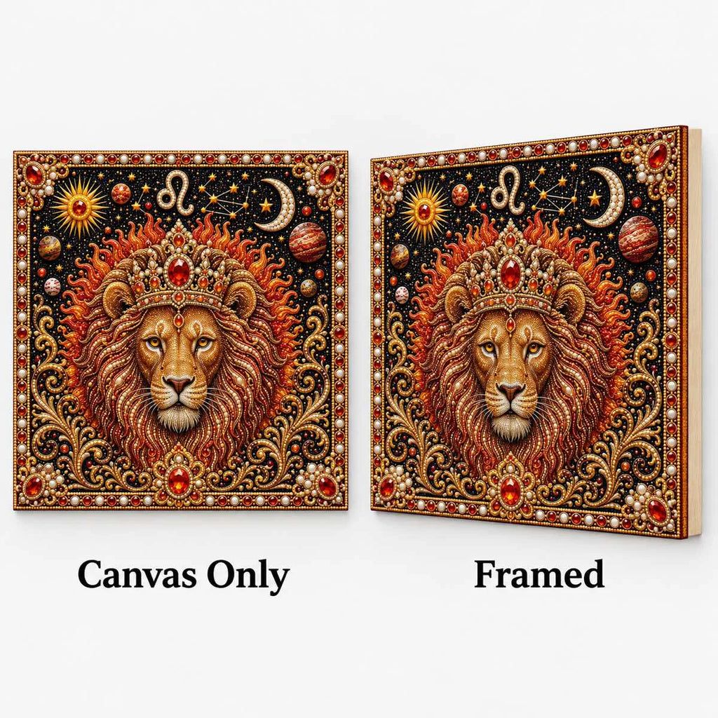 Leo lion canvas-only and framed options; framed means stretched over an inner support frame, with no decorative outer frame.