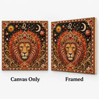 Leo lion canvas-only and framed options; framed means stretched over an inner support frame, with no decorative outer frame.
