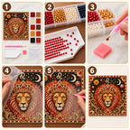 Six numbered steps for completing the Leo lion pearl painting kit.