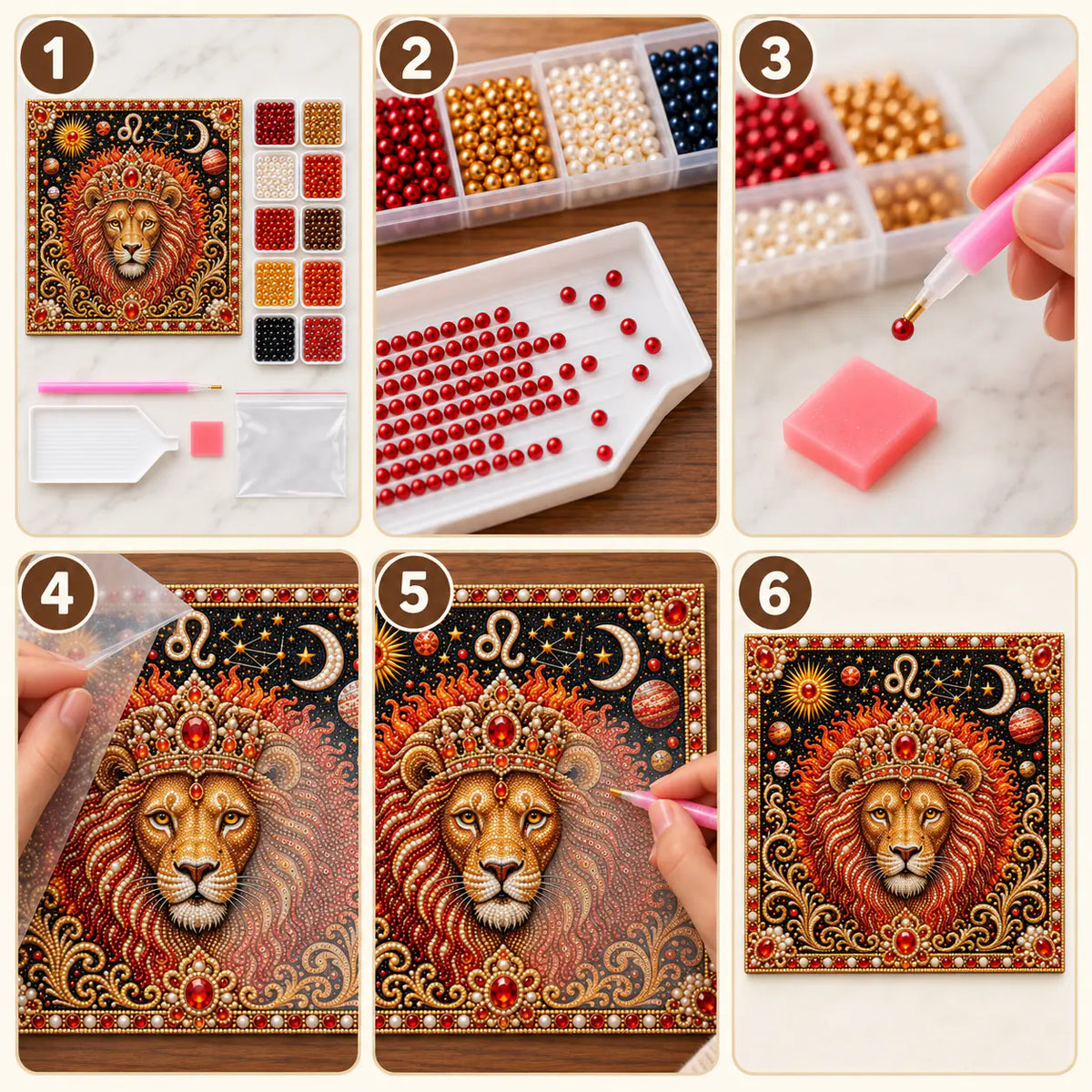 Six numbered steps for completing the Leo lion pearl painting kit.