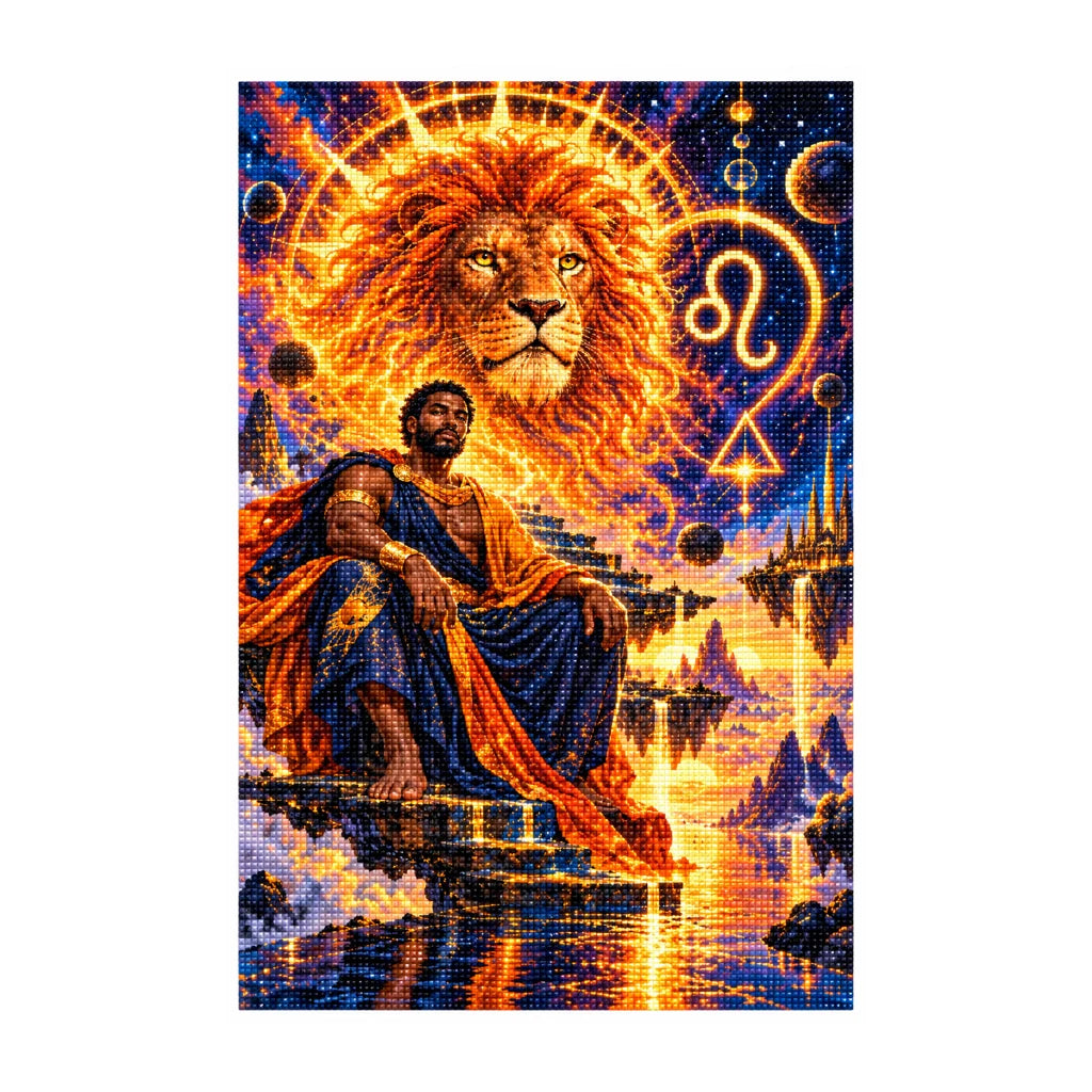 Diamond painting version of the Leo solar lion oracle artwork on a white background.