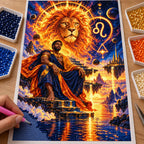 Hands placing drills on the Leo solar lion diamond painting canvas.