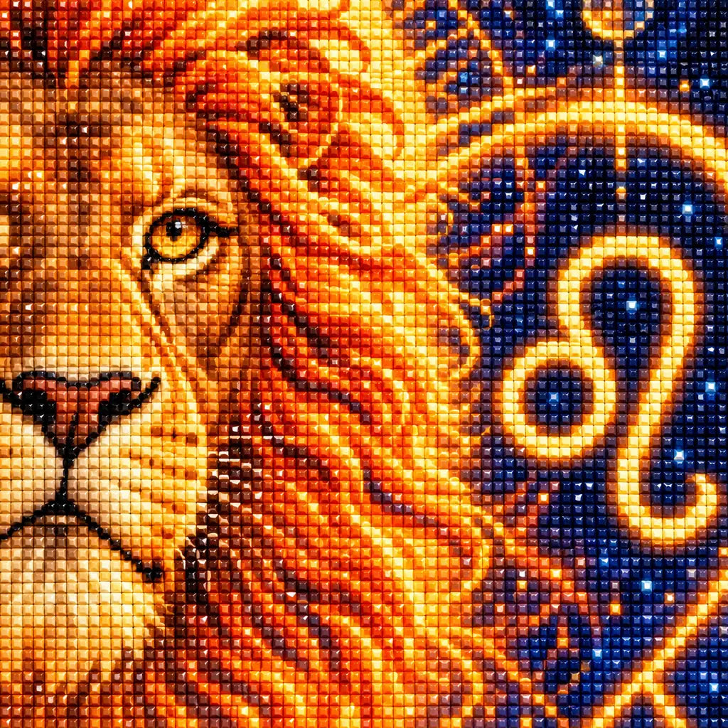Close-up of the lion's sparkling mane and Leo zodiac symbol rendered in diamond drills.