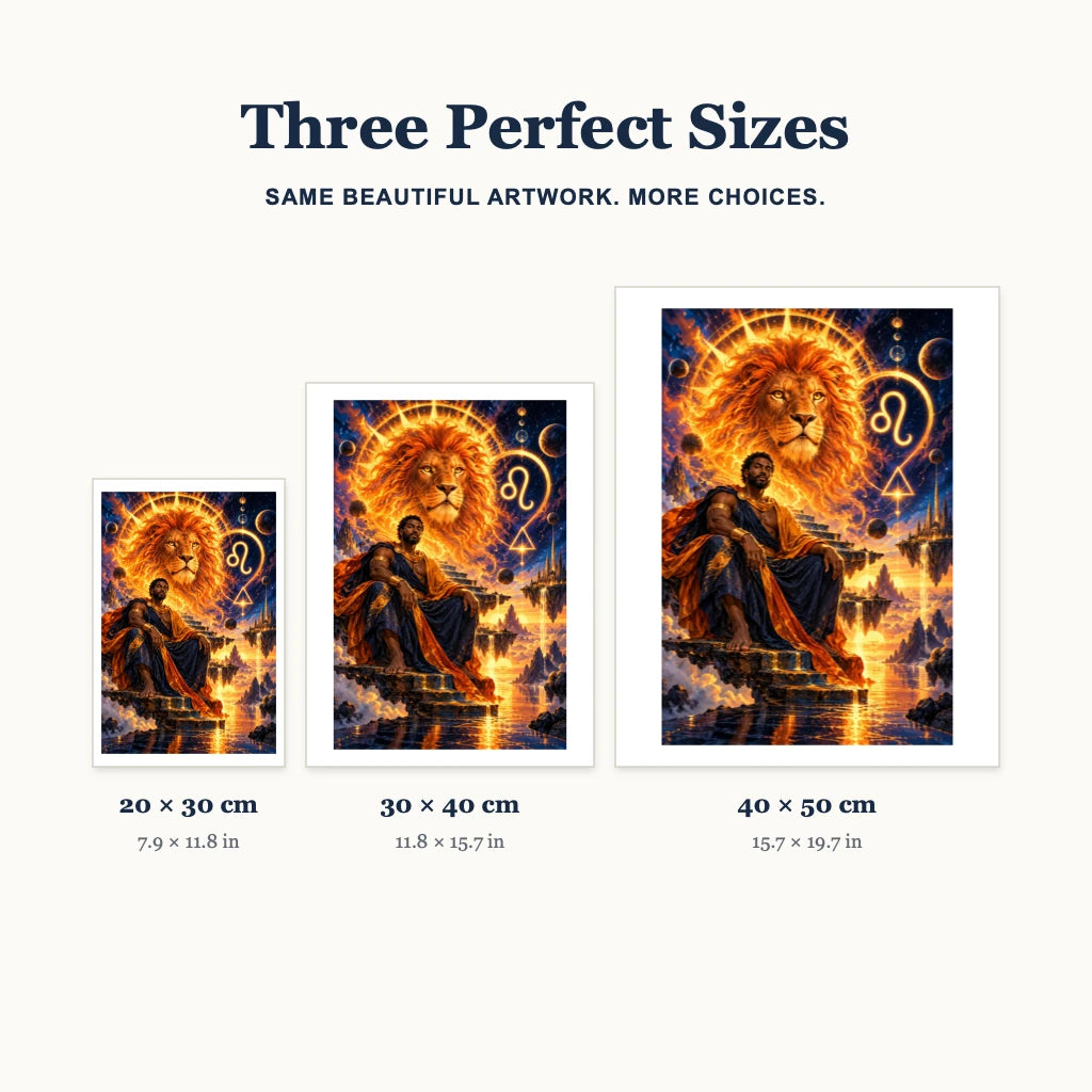 Leo solar lion diamond painting size guide for 20 × 30, 30 × 40, and 40 × 50 cm.