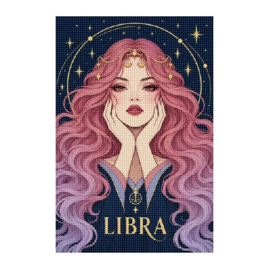 Finished white-background diamond painting of Libra Rose Balance