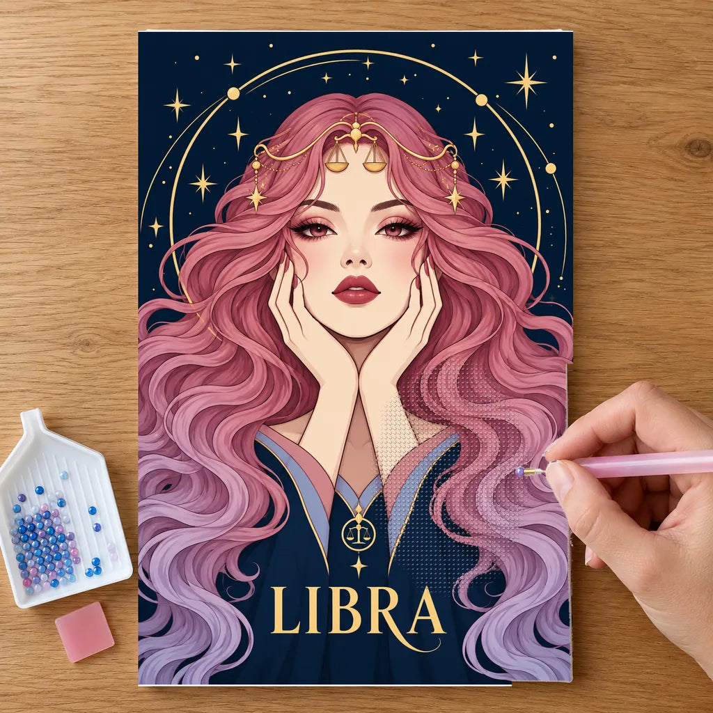 Hands placing drills on the Libra Rose Balance diamond painting canvas