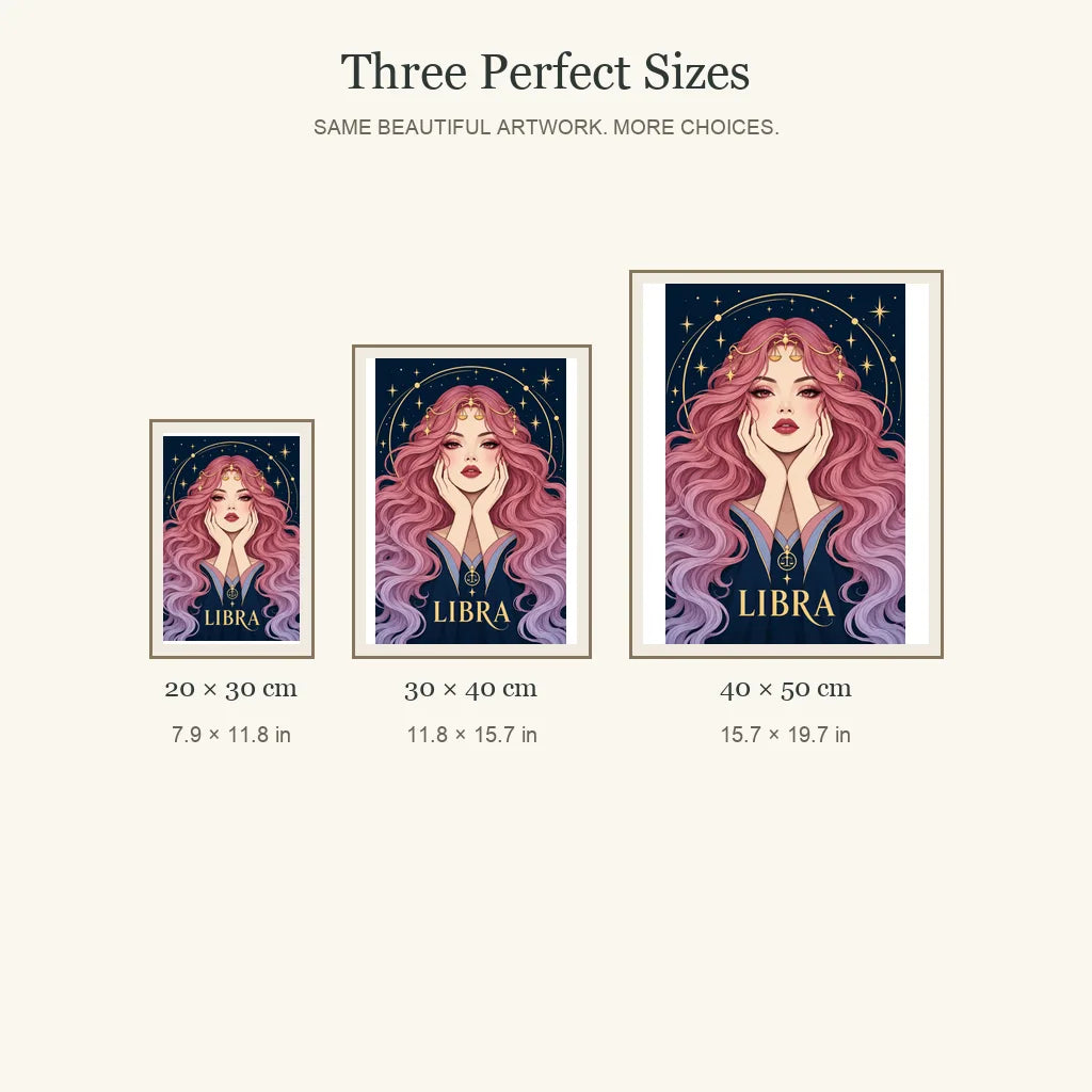 Libra Rose Balance diamond painting in 20 by 30, 30 by 40, and 40 by 50 centimeter sizes
