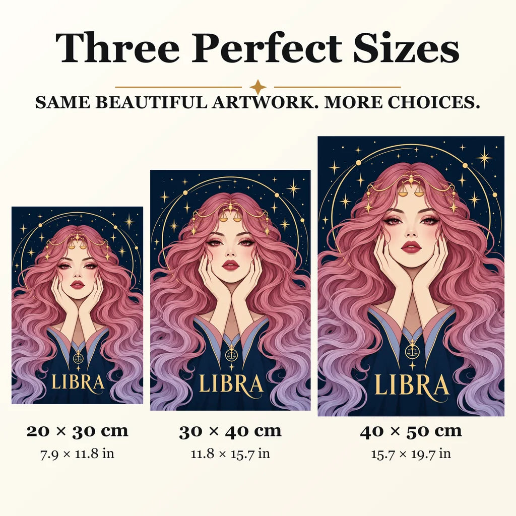 Libra Rose Balance diamond painting in 20 by 30, 30 by 40, and 40 by 50 centimeter sizes