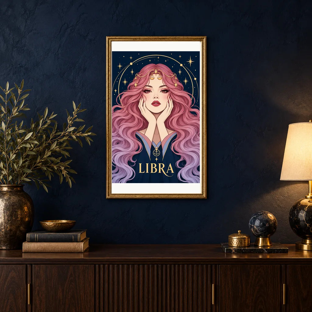 Framed Libra Rose Balance diamond painting displayed in a home interior