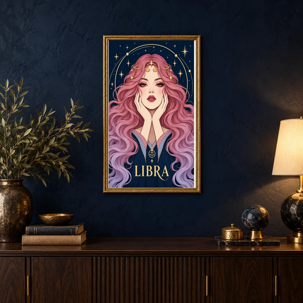 Framed Libra Rose Balance diamond painting displayed in a home interior