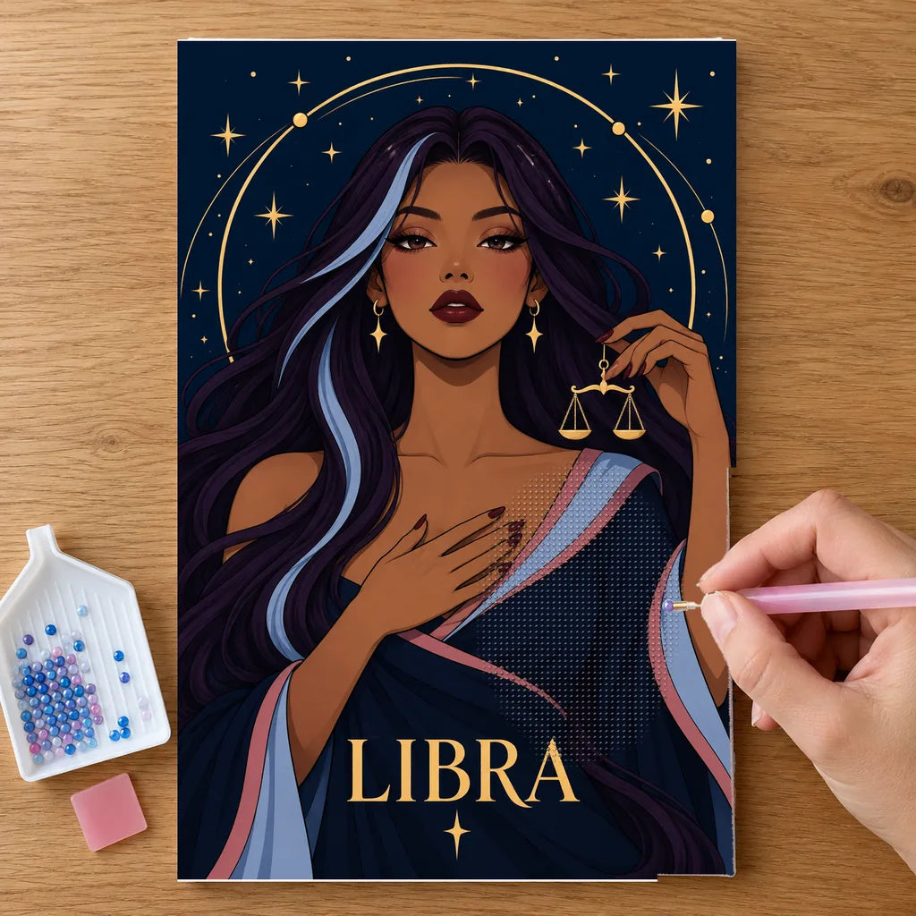 Hands placing drills on the Libra Twilight Balance diamond painting canvas