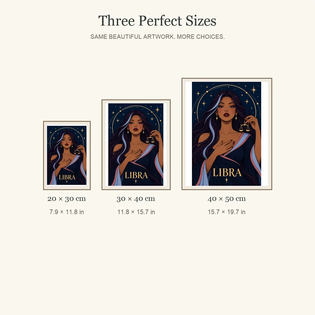 Libra Twilight Balance diamond painting in 20 by 30, 30 by 40, and 40 by 50 centimeter sizes