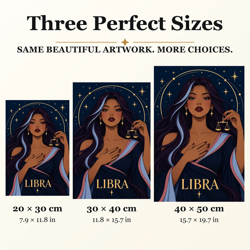 Libra Twilight Balance diamond painting in 20 by 30, 30 by 40, and 40 by 50 centimeter sizes