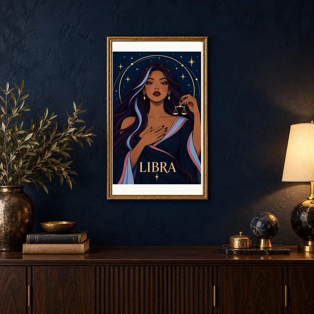 Framed Libra Twilight Balance diamond painting displayed in a home interior