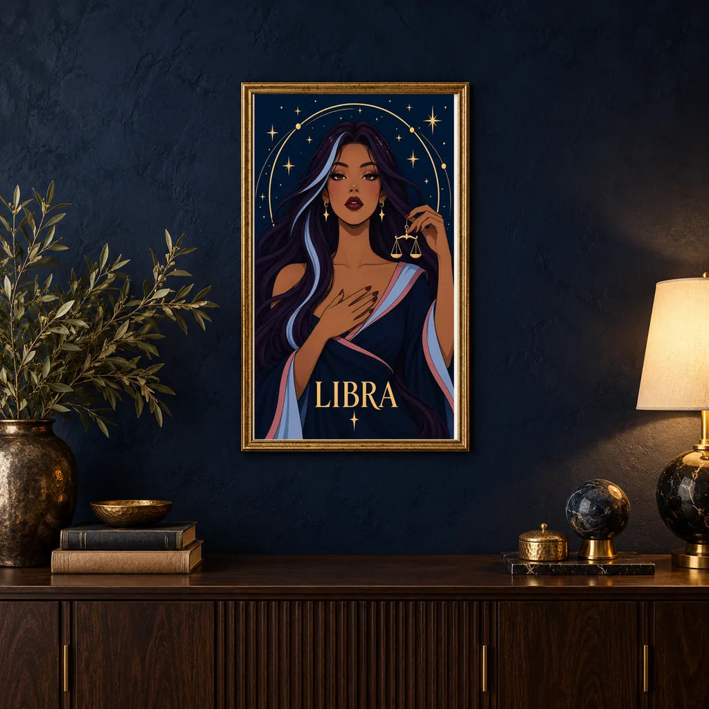 Framed Libra Twilight Balance diamond painting displayed in a home interior