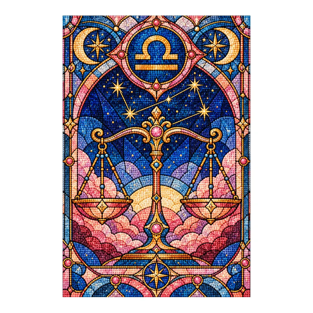 Libra scales beneath zodiac emblem, finished diamond painting on white background