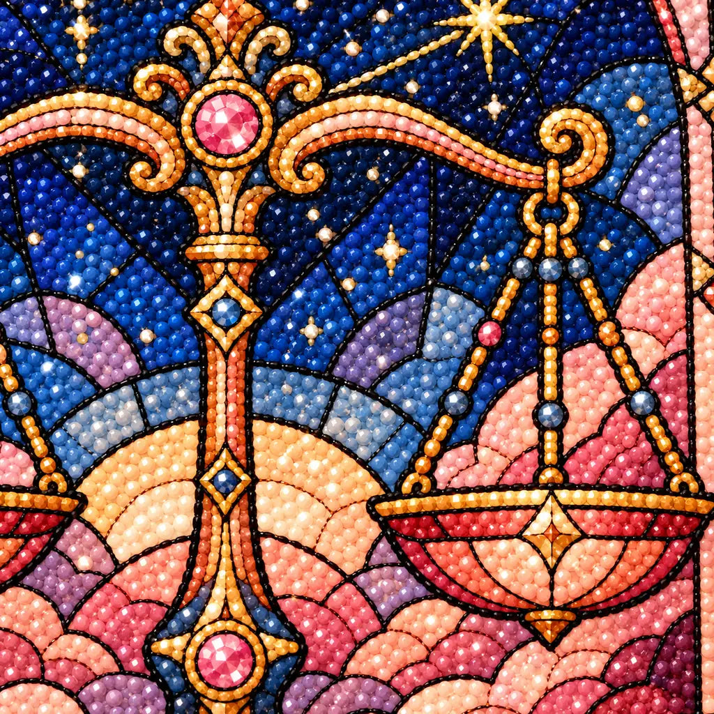 Libra scales beneath zodiac emblem, close-up drill detail