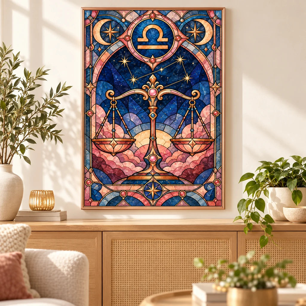 Libra scales beneath zodiac emblem, framed diamond painting in a home decor scene