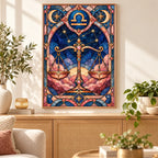 Libra scales beneath zodiac emblem, framed diamond painting in a home decor scene
