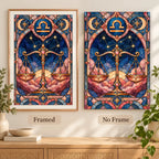 Libra scales beneath zodiac emblem, framed and no-frame style comparison