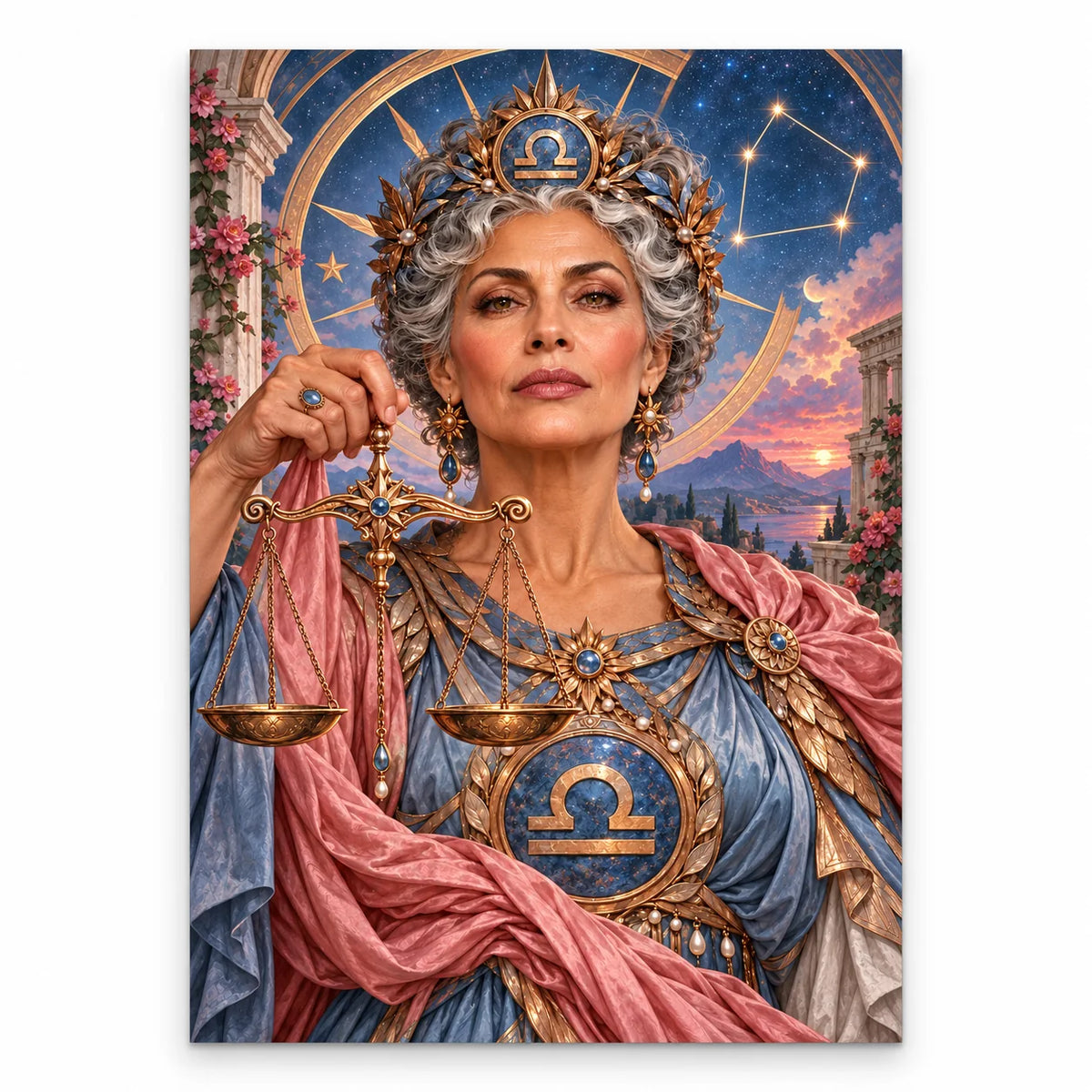 Original white-background artwork for Libra maiden with golden scales