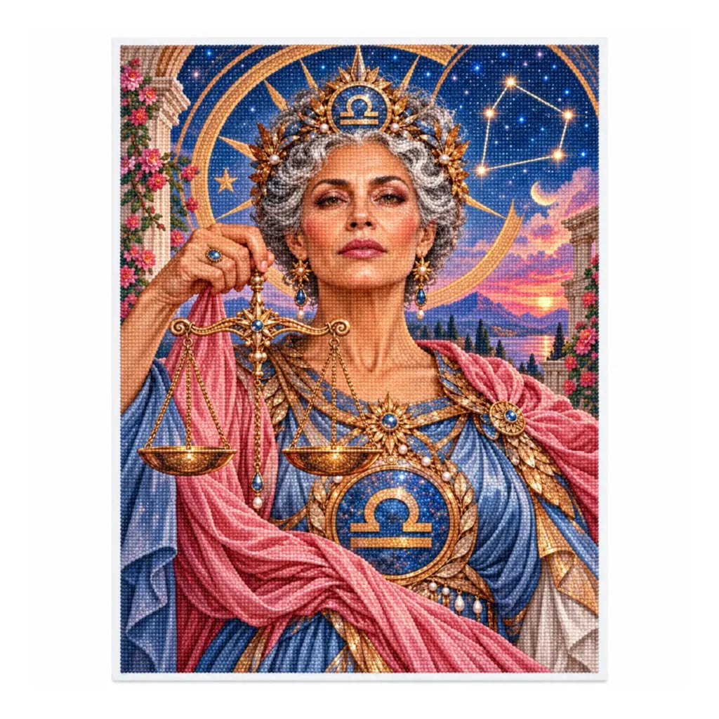 Finished white-background diamond painting for Libra maiden with golden scales