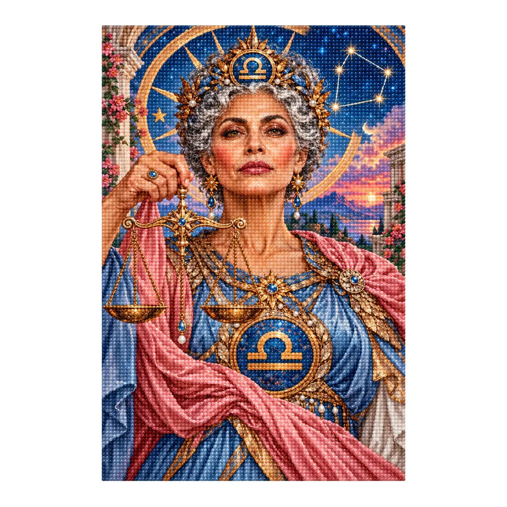Finished white-background diamond painting for Libra maiden with golden scales