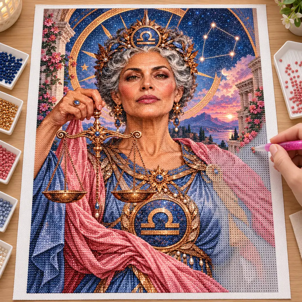 Hands applying drills for Libra maiden with golden scales