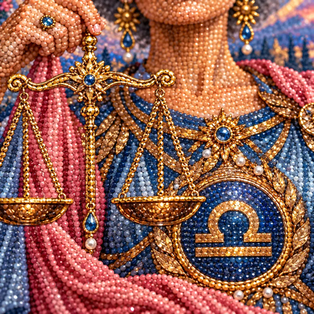 Close-up diamond detail for Libra maiden with golden scales