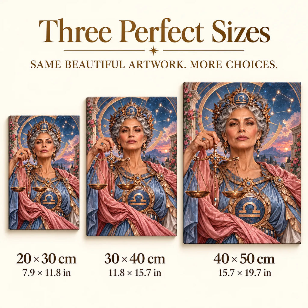 Three-size guide 20 × 30, 30 × 40, 40 × 50 cm for Libra maiden with golden scales