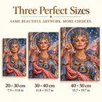 Three-size guide 20 × 30, 30 × 40, 40 × 50 cm for Libra maiden with golden scales