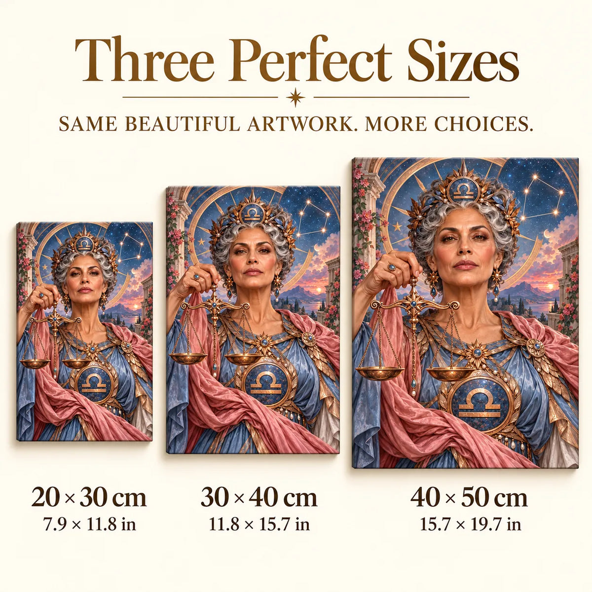 Three-size guide 20 × 30, 30 × 40, 40 × 50 cm for Libra maiden with golden scales