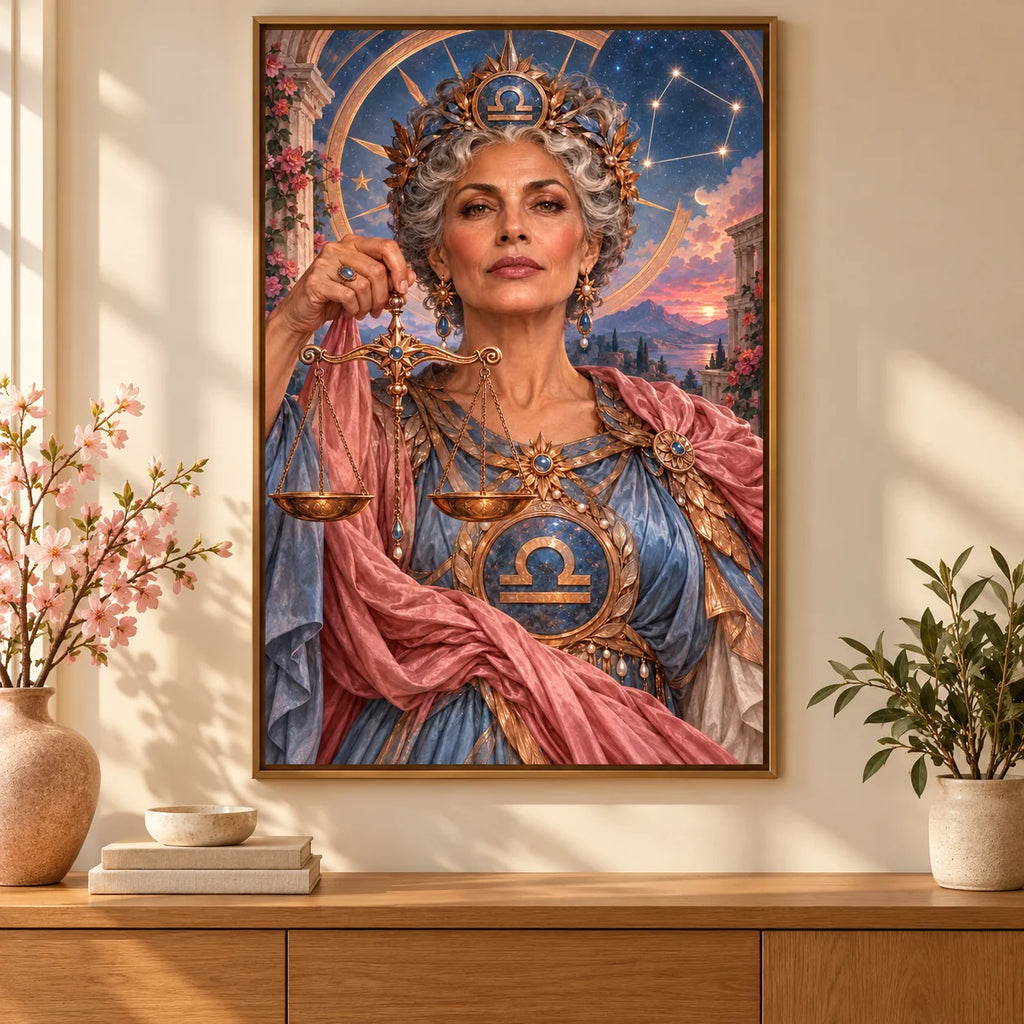 Framed home display for Libra maiden with golden scales