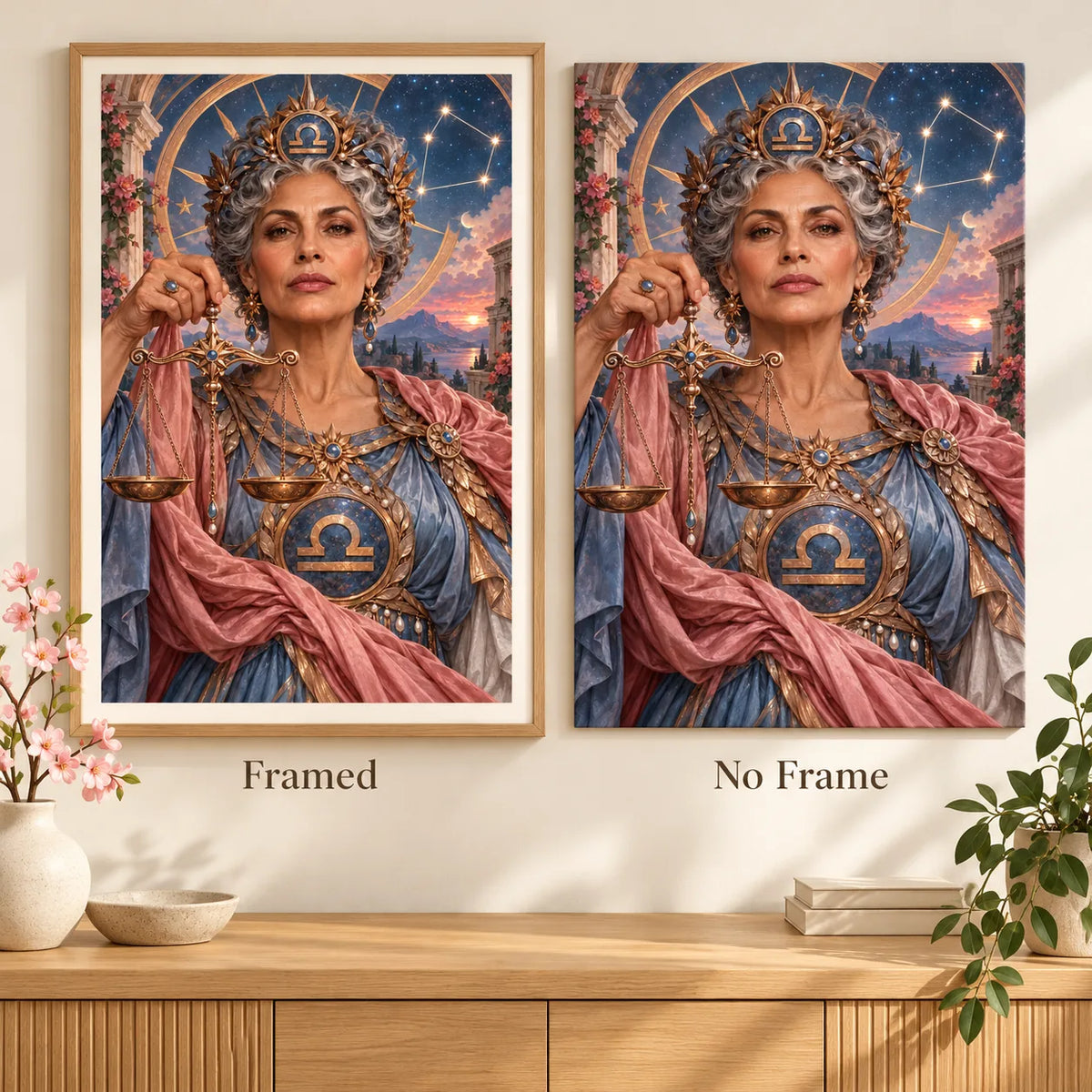Framed and no-frame comparison for Libra maiden with golden scales