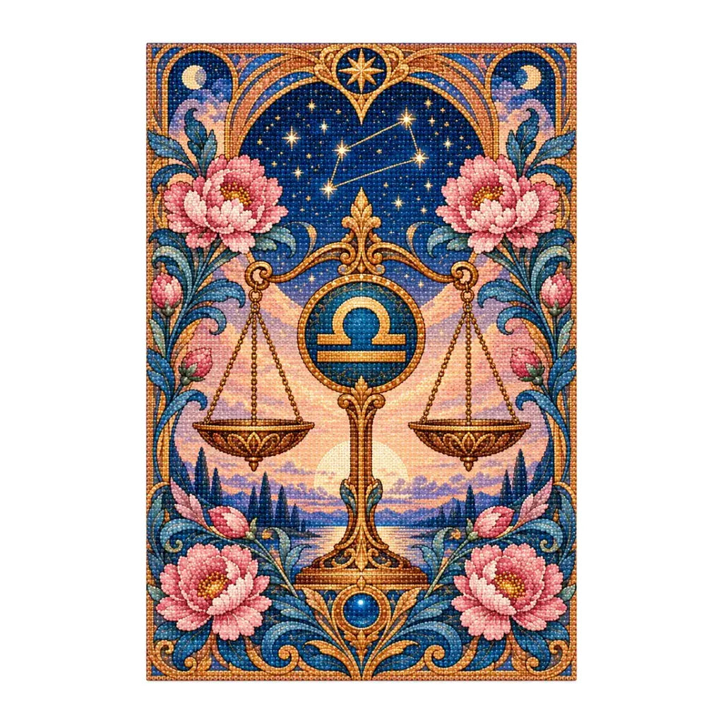 Finished Libra scales and peonies diamond painting with sparkling drills on a white background