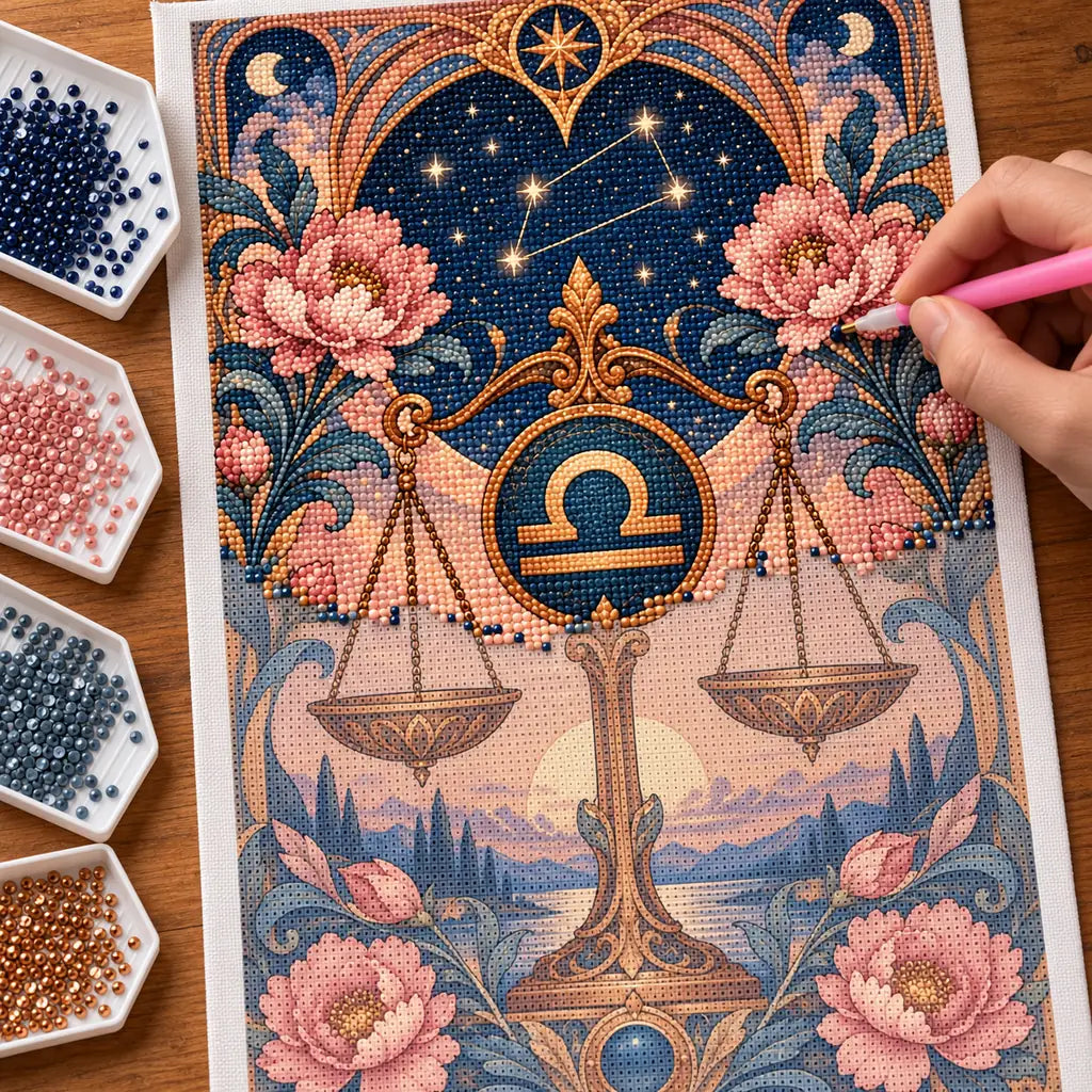 Hands placing drills on the Libra scales and peonies diamond painting