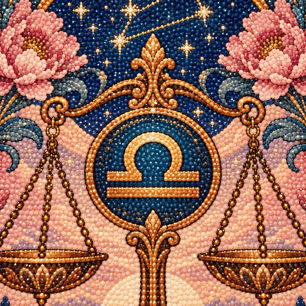 Close-up of diamond drills in the Libra scales and pink peonies design