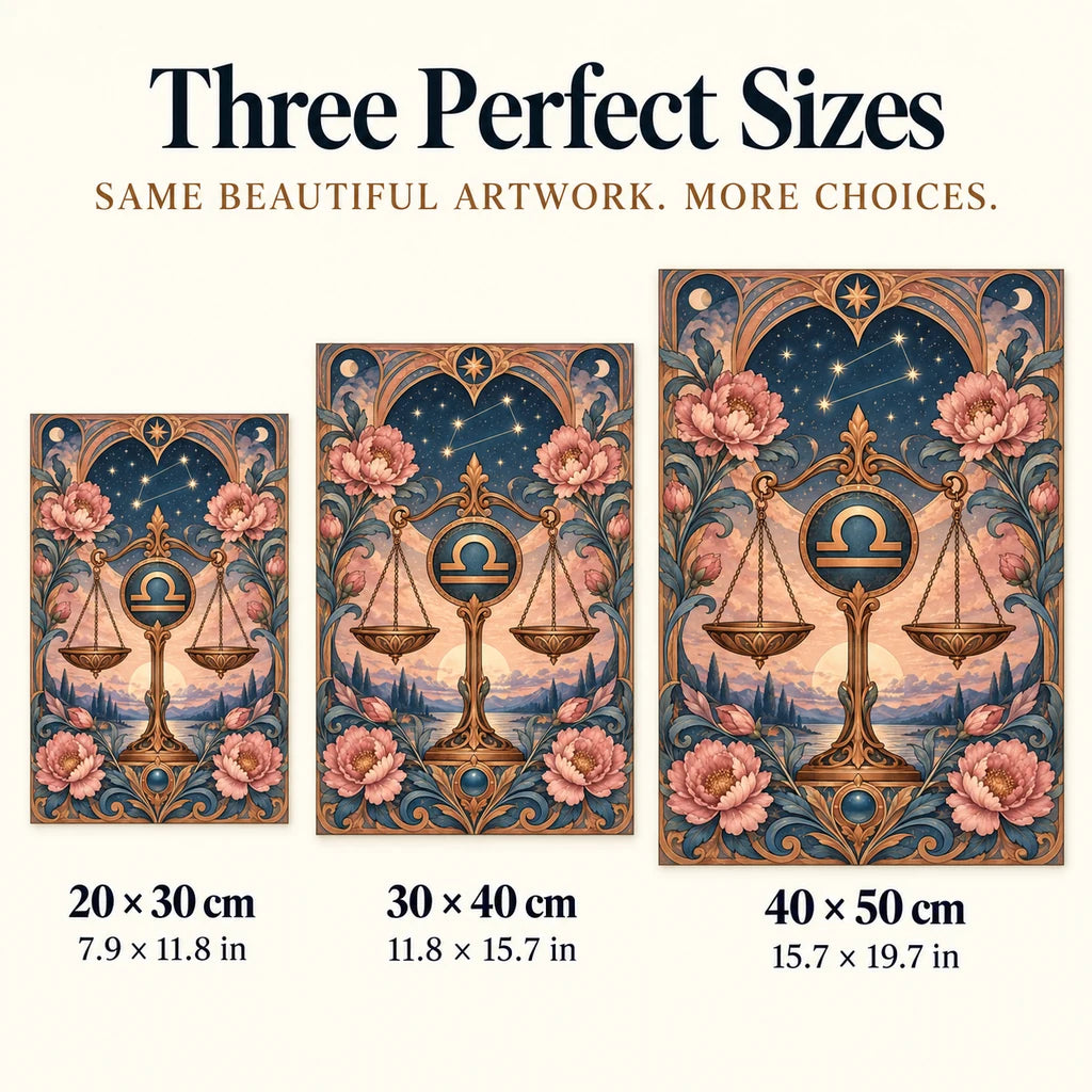 Libra scales diamond painting size guide showing 20 by 30, 30 by 40, and 40 by 50 centimeters