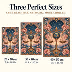 Libra scales diamond painting size guide showing 20 by 30, 30 by 40, and 40 by 50 centimeters